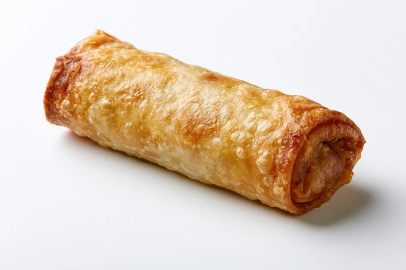 Single fried egg roll resting on a clean white surface isolated