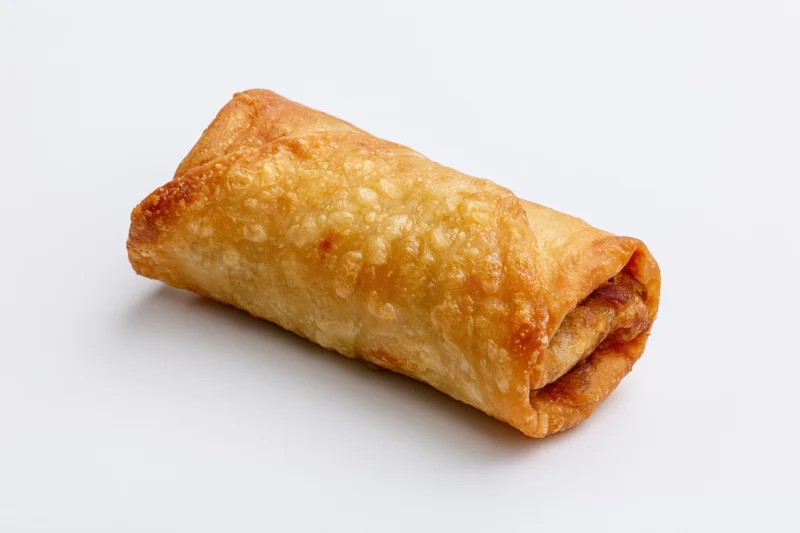 Single fried egg roll resting on a clean white surface isolated