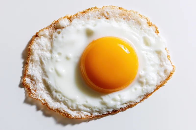 Single fried egg sunny side up viewed from directly above on white surface