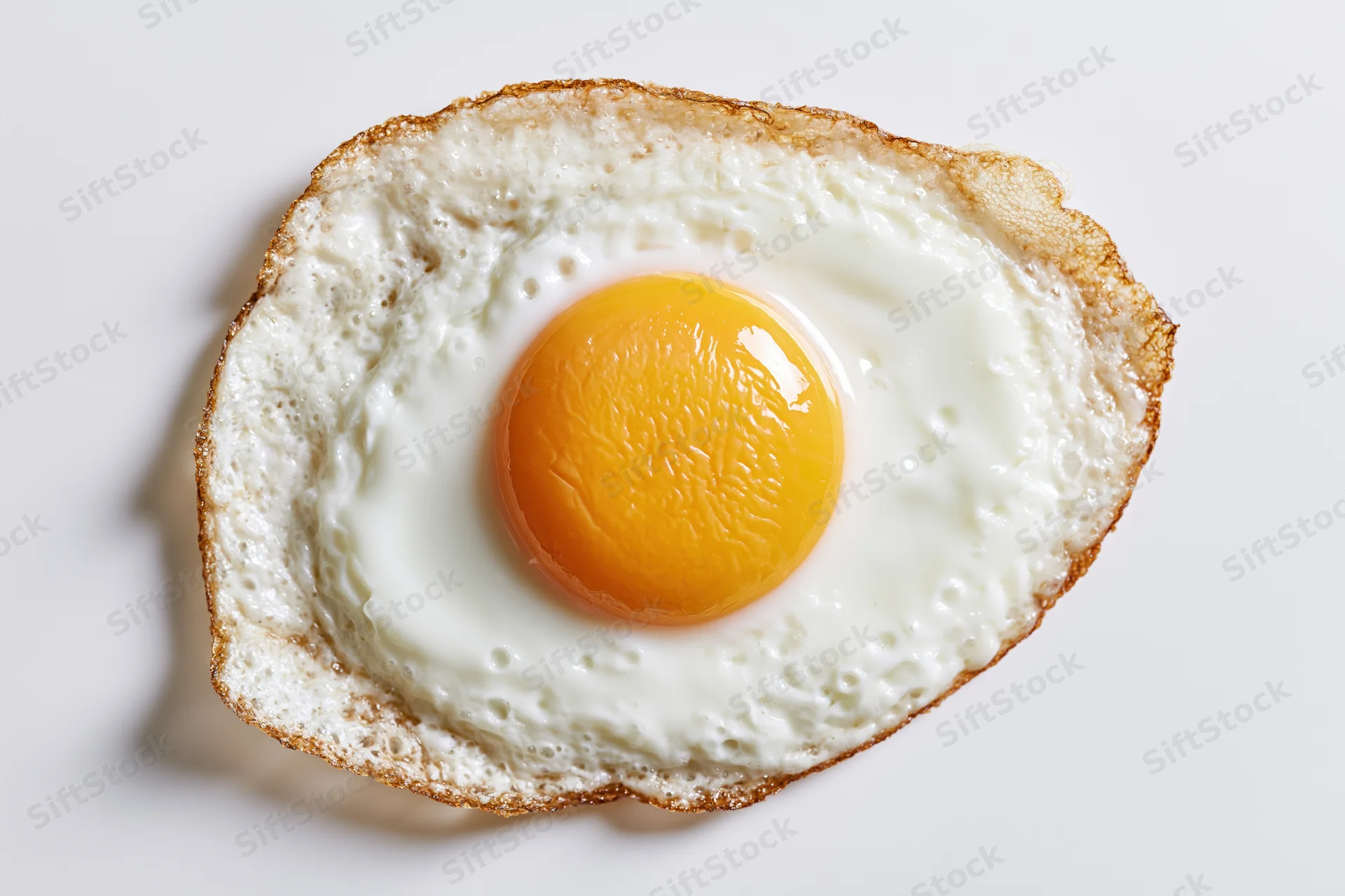 Single fried egg sunny side up viewed directly overhead on white surface