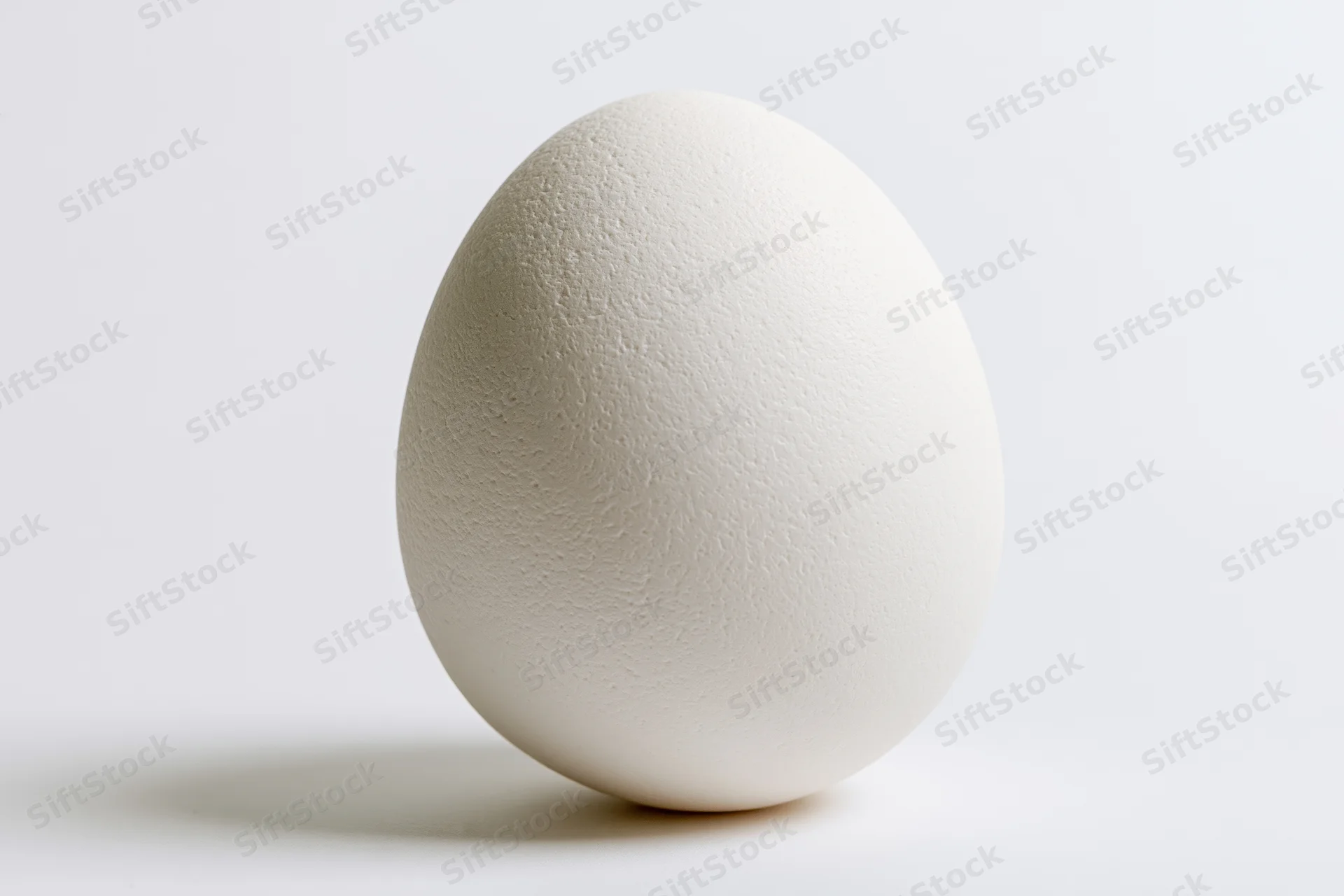 Single white chicken egg resting on flat white surface in studio lighting