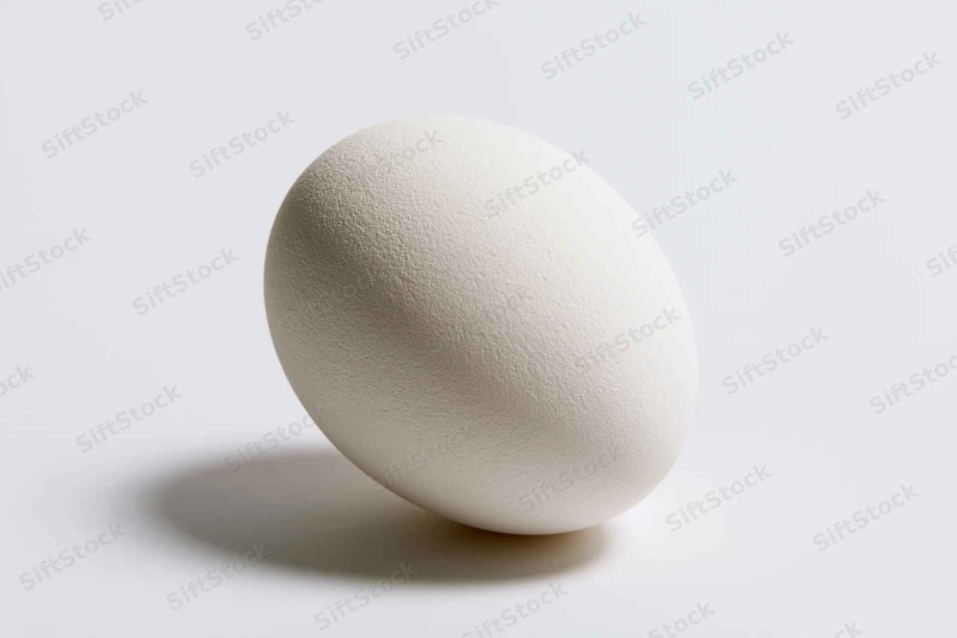 Single white chicken egg resting on flat white surface in studio lighting