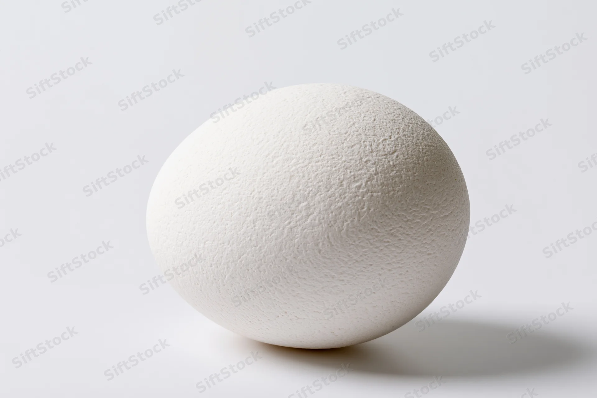Single white chicken egg resting on flat white surface in studio lighting