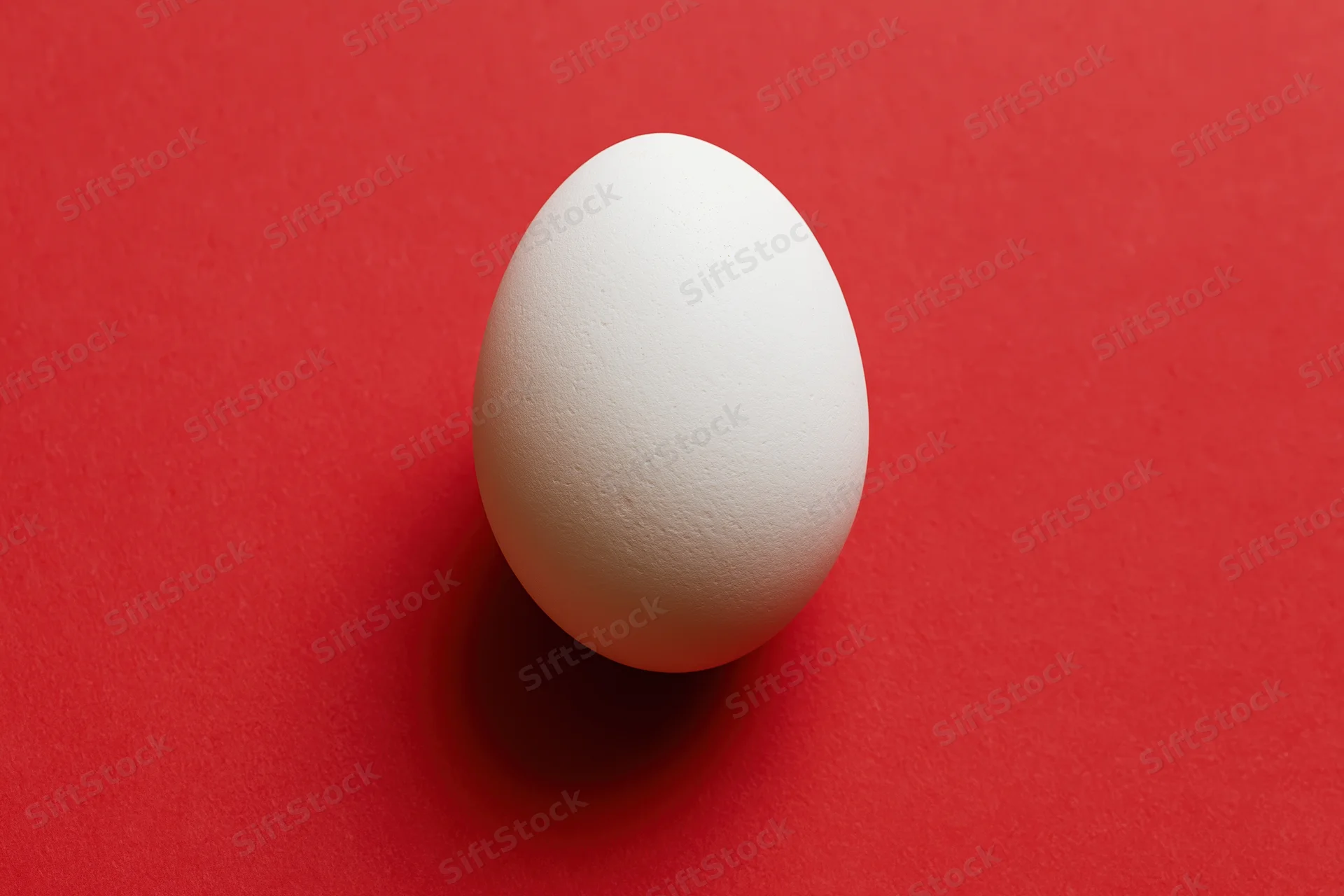 Single white chicken egg resting upright on a red surface