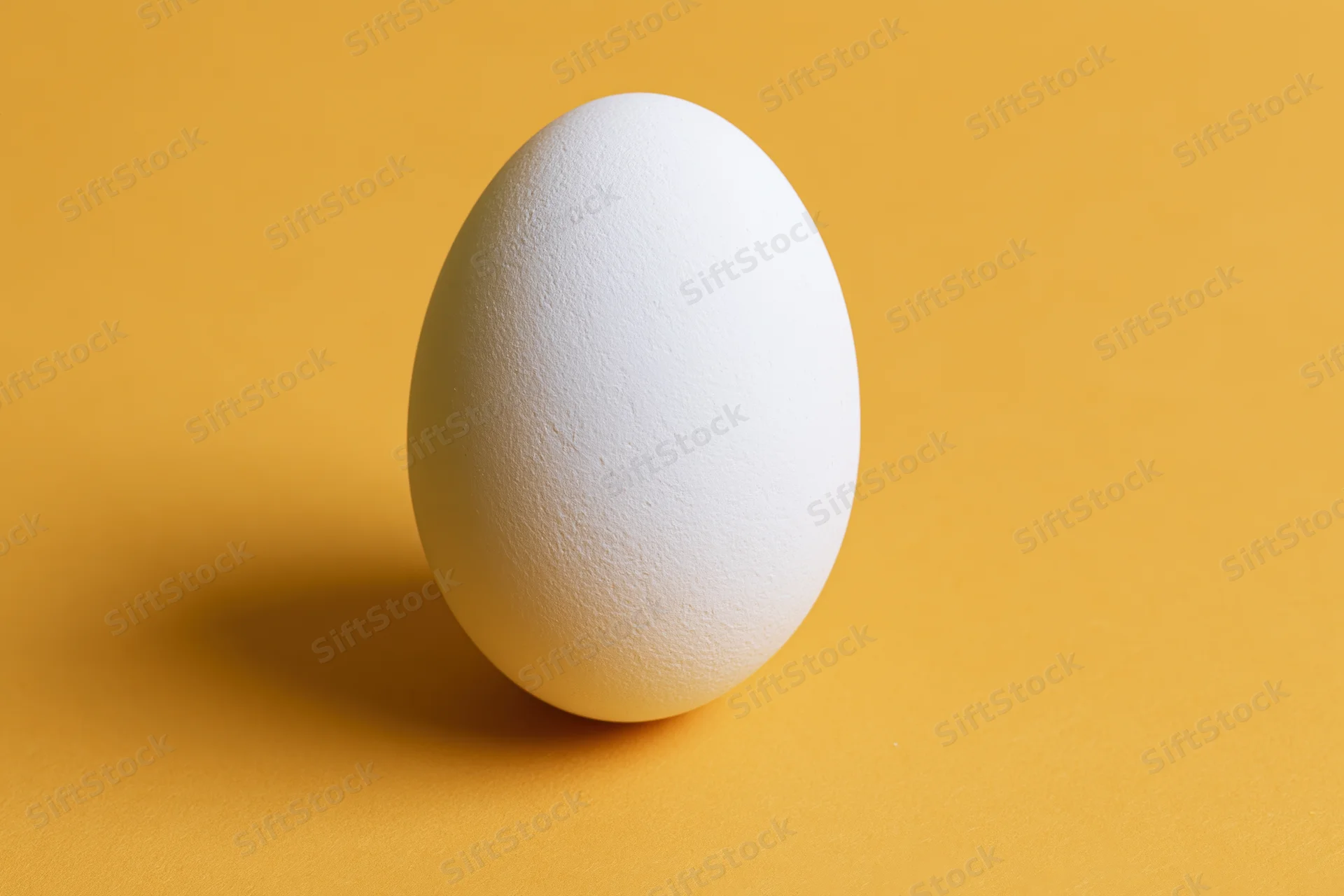 Single white chicken egg standing upright centered on yellow background
