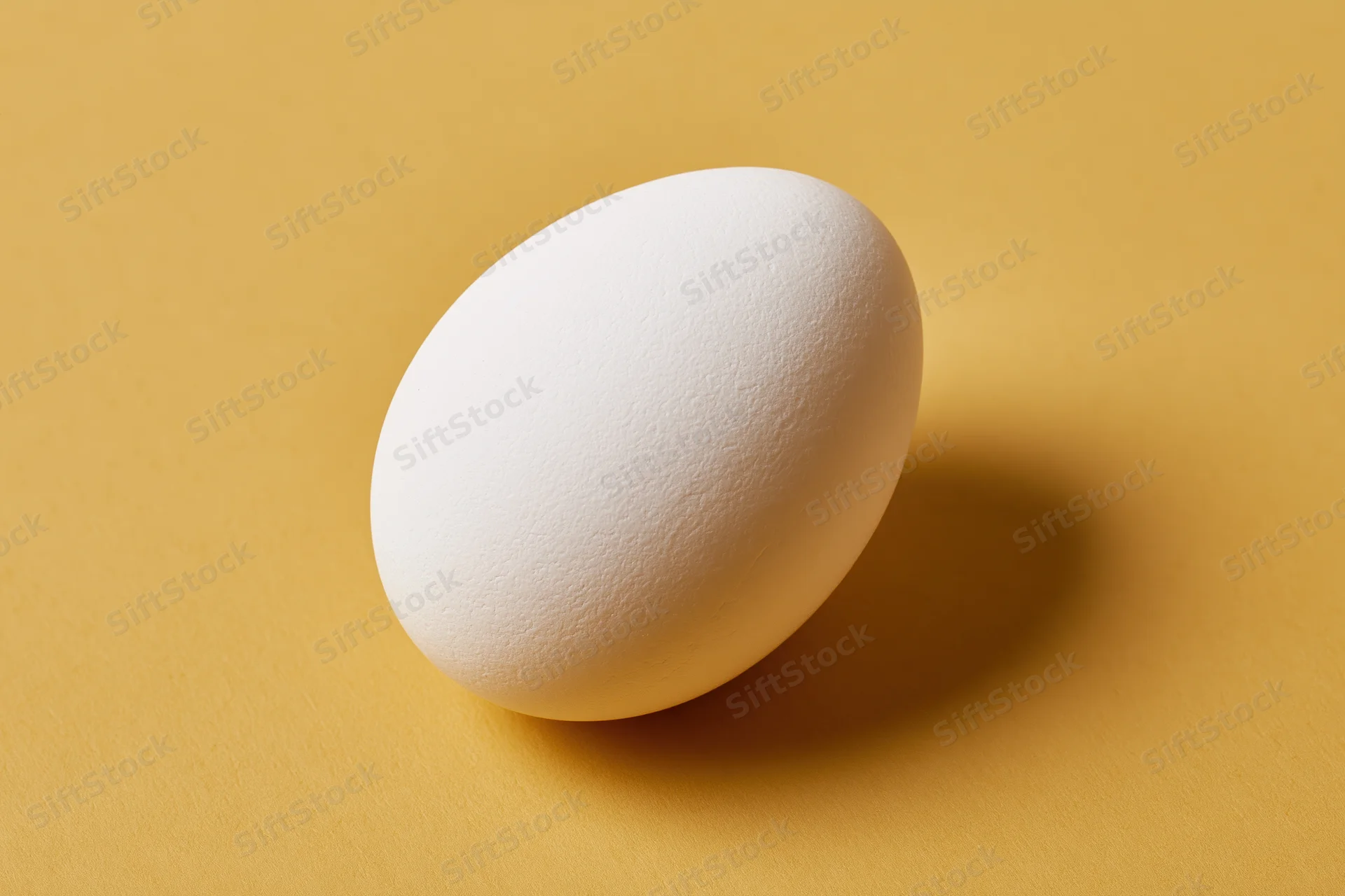 Single white chicken egg standing upright on a yellow surface
