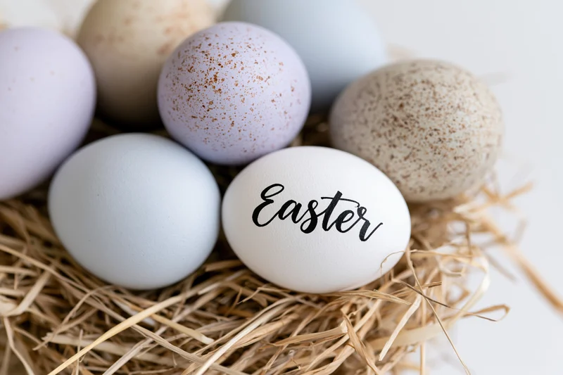 Six easter eggs in a straw nest with one labeled easter