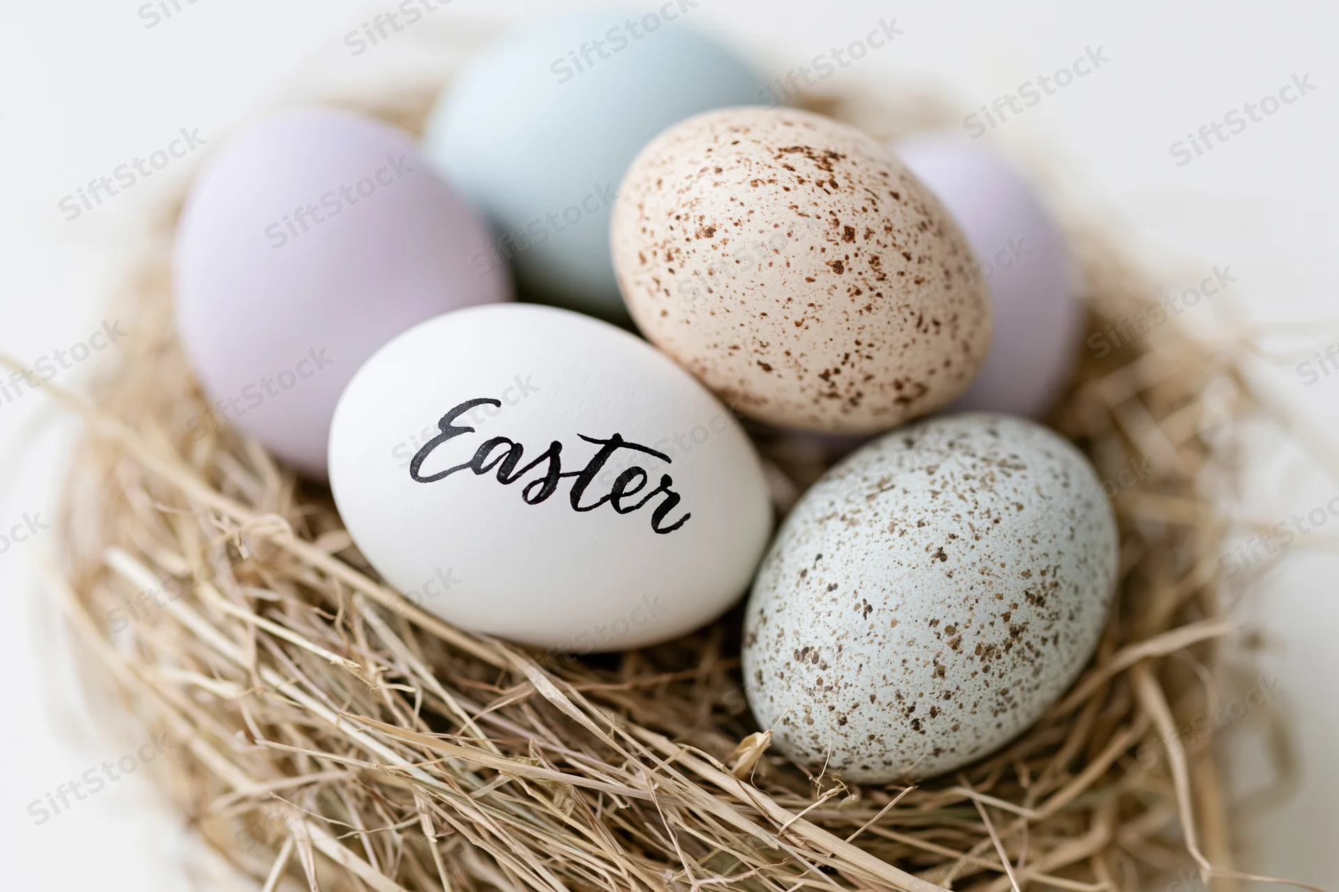 Six easter eggs in a dry straw nest with one white egg labeled easter
