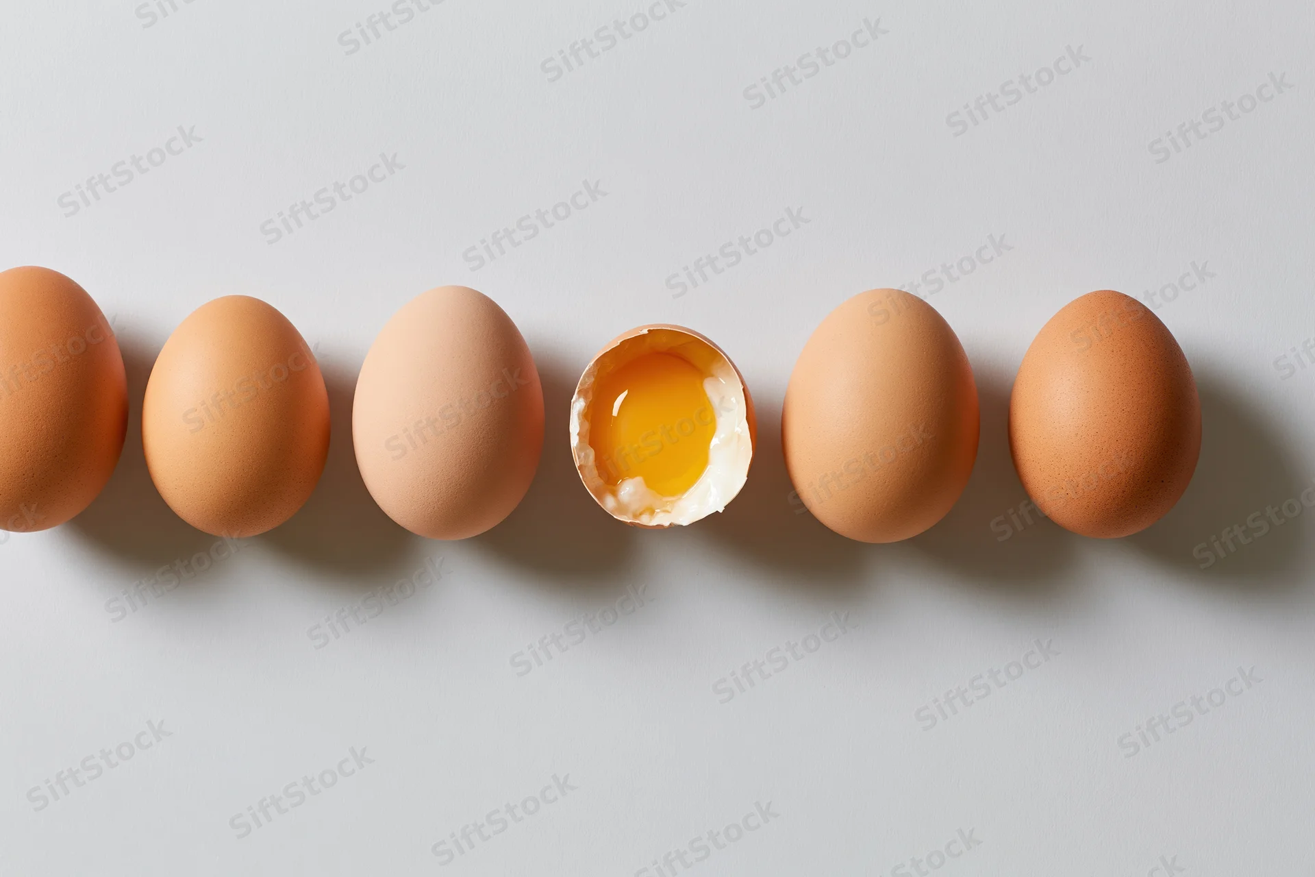 Six brown chicken eggs in a horizontal row on a flat gray surface with one cracked open revealing yolk and white