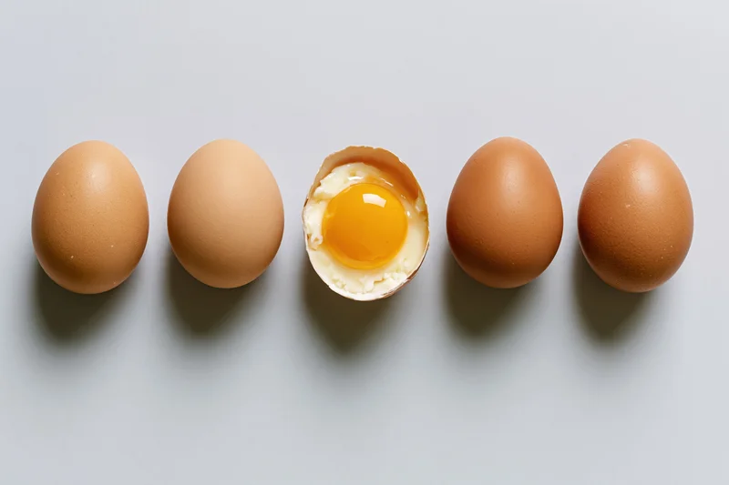 Five brown chicken eggs in a row with one cracked open on a flat gray surface