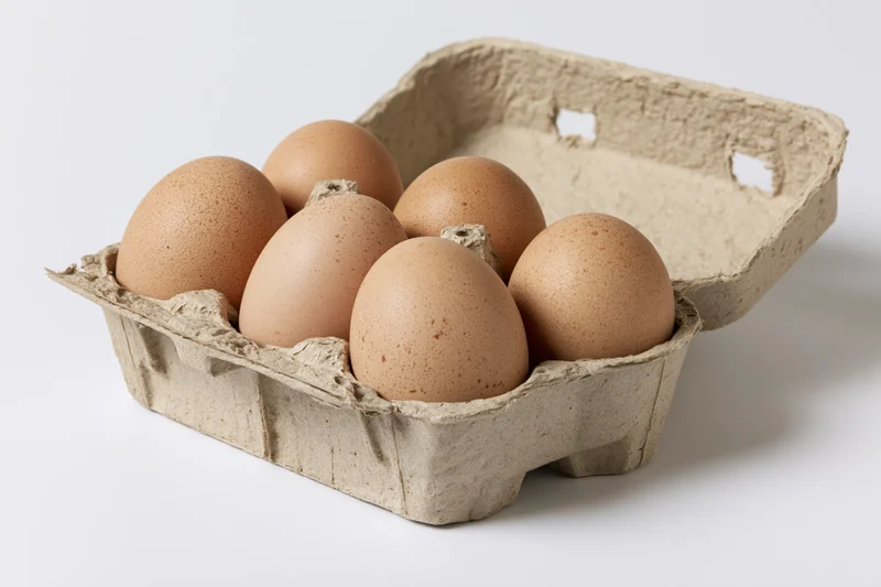 Six brown chicken eggs in an open recycled cardboard carton on a white surface