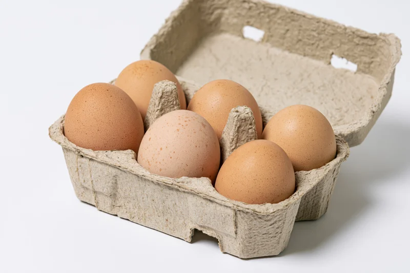 Six brown chicken eggs arranged in an open recycled cardboard carton on a white surface