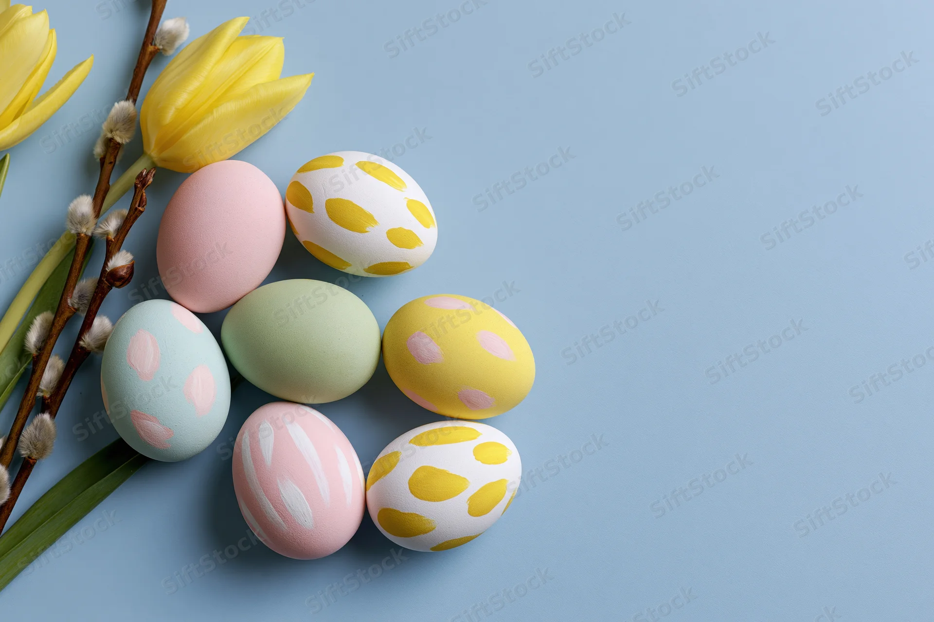 Decorated easter eggs with tulips and willow branches arranged on a blue background