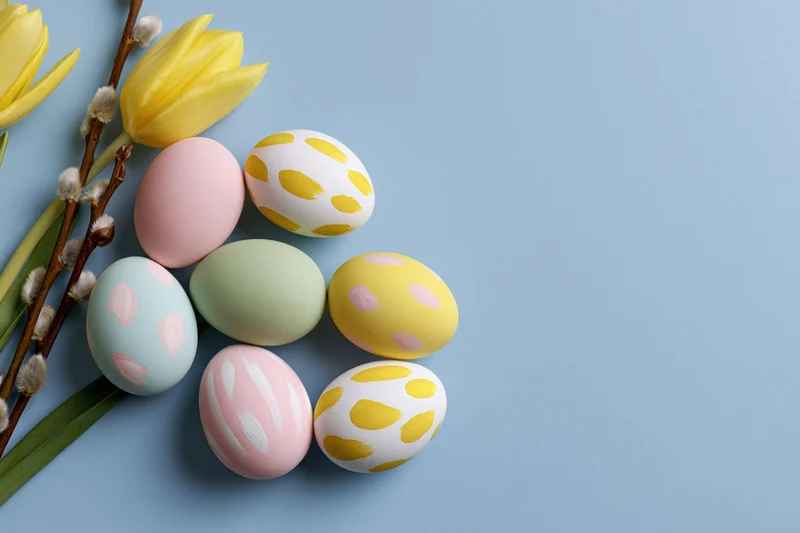 Decorated easter eggs with tulips and willow branches arranged on a blue background