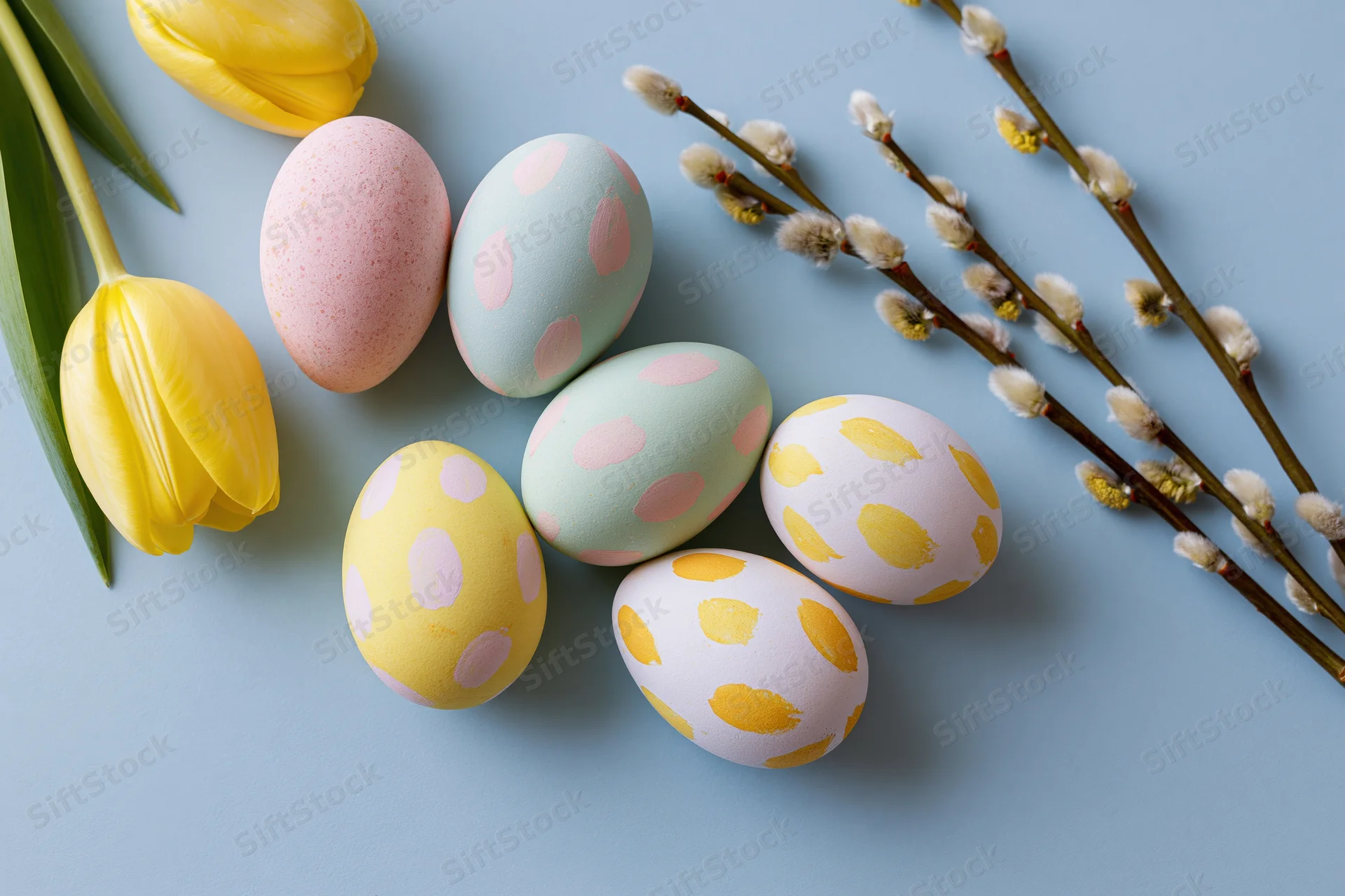 Decorated easter eggs with tulips and willow branches arranged on a blue surface