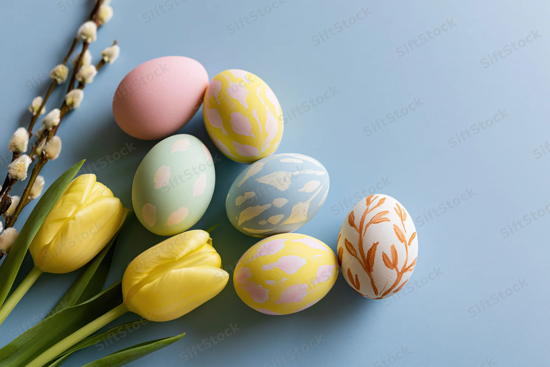 Decorated easter eggs and yellow tulips arranged with willow branches on a blue surface