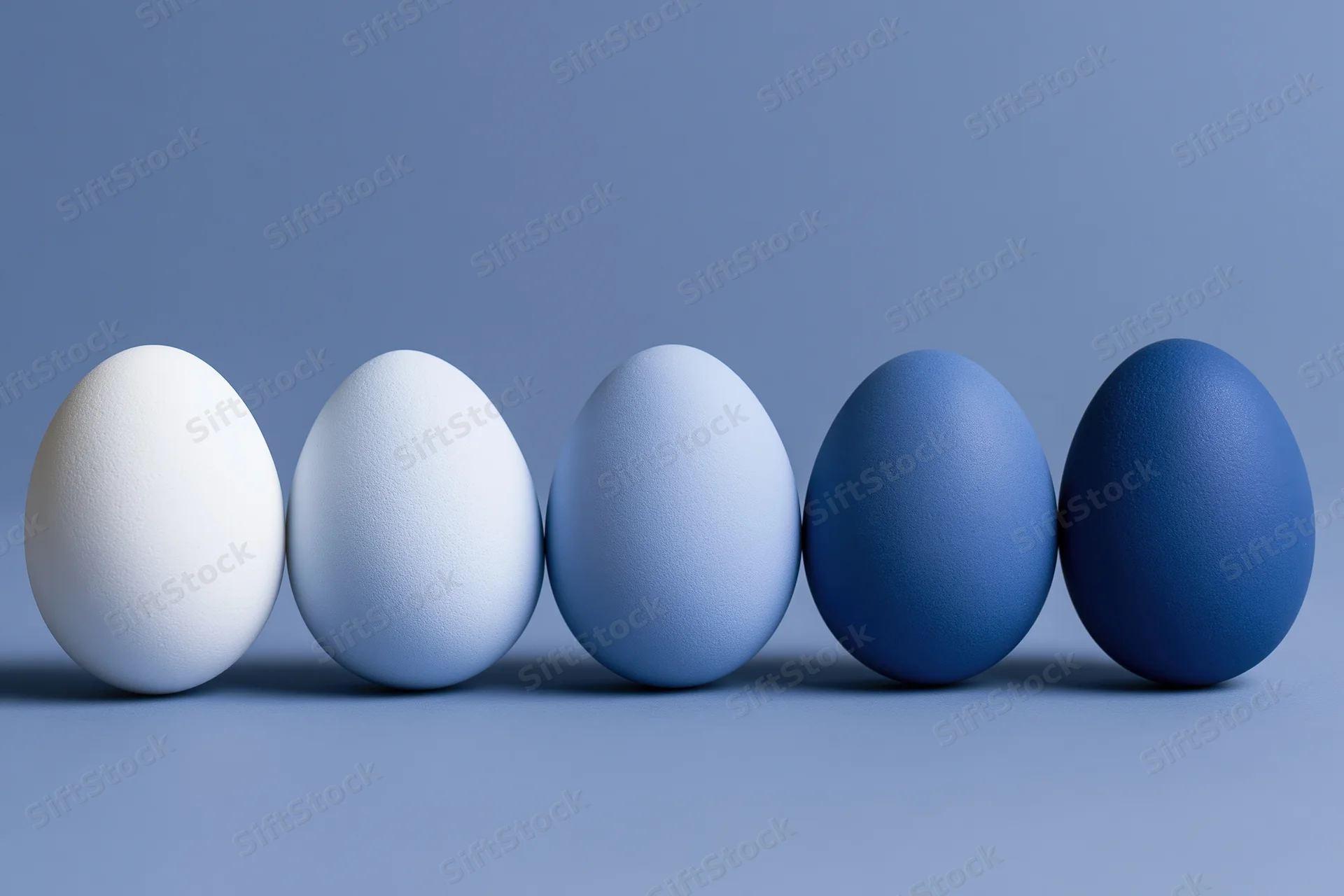 Five eggs in a row graduating in color from white to blue on a flat surface