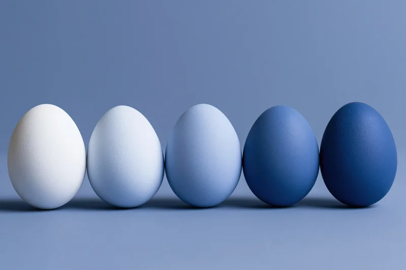 Five eggs in a row graduating in color from white to blue on a flat surface