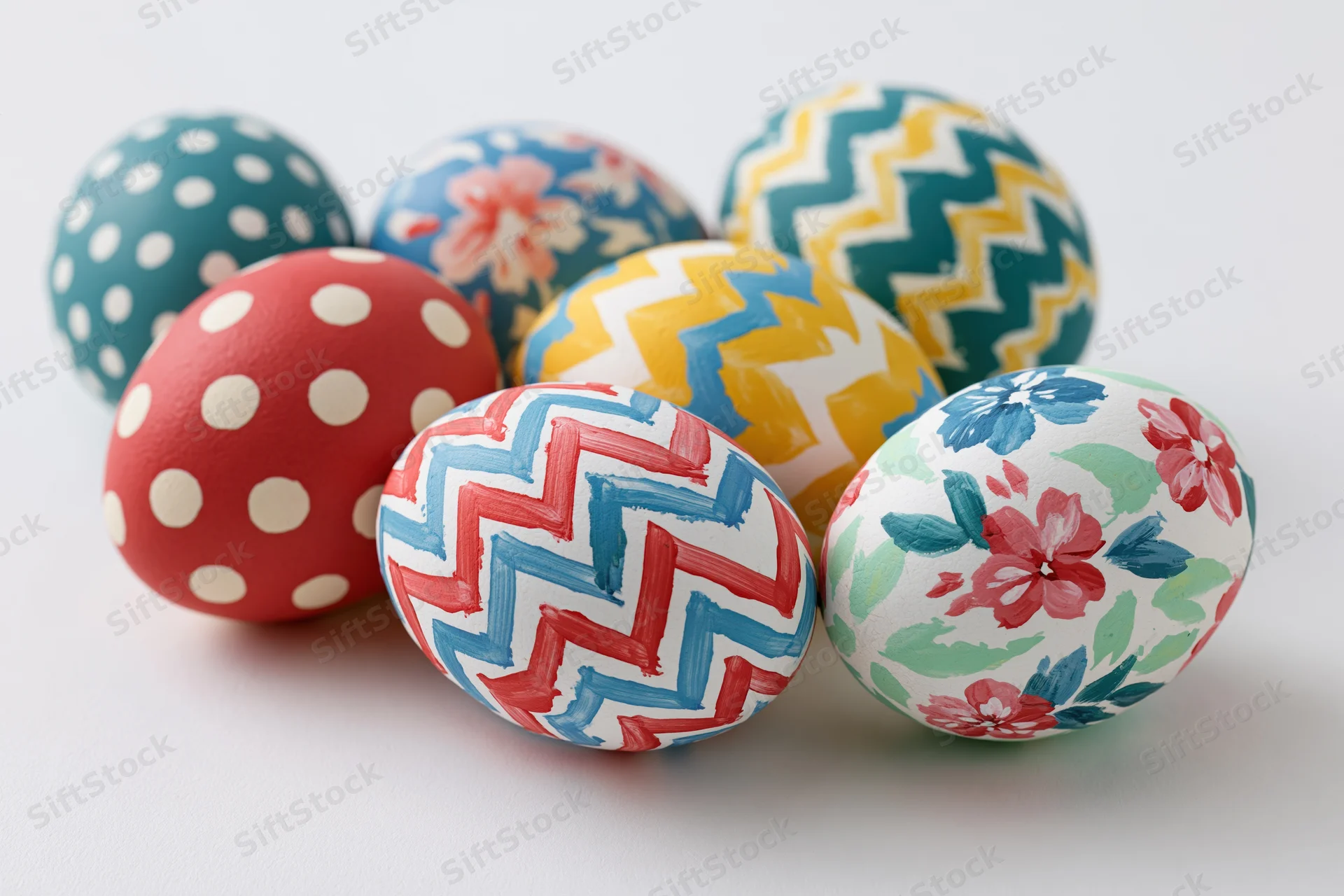 Six hand-painted easter eggs arranged in a loose cluster on a white surface