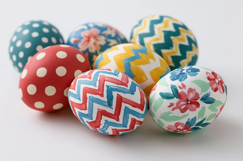Six hand-painted easter eggs arranged in a loose cluster on a white surface