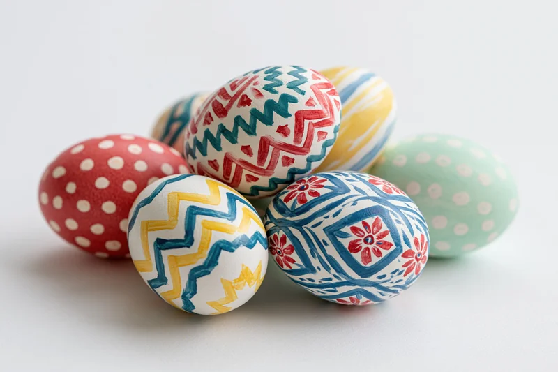 Hand-painted easter eggs arranged in a loose cluster on a white surface