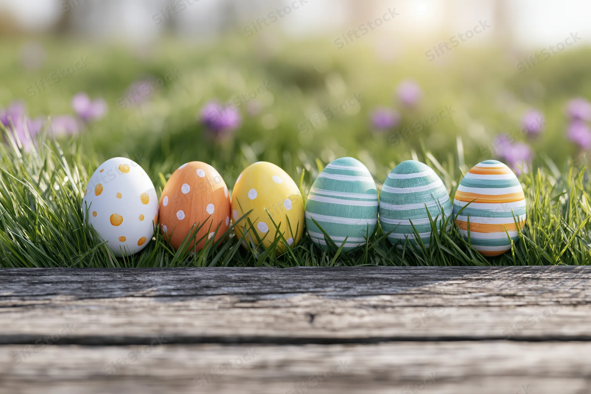 Six hand-painted easter eggs arranged in a row on grass beside a wooden plank