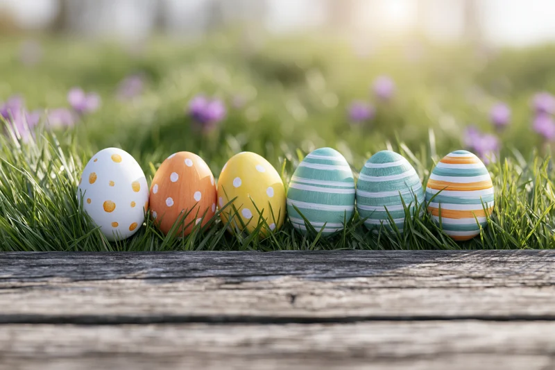 Six hand-painted easter eggs arranged in a row on grass beside a wooden plank