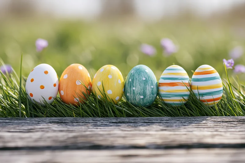 Six hand-painted easter eggs arranged in a row on grass with wooden surface in foreground