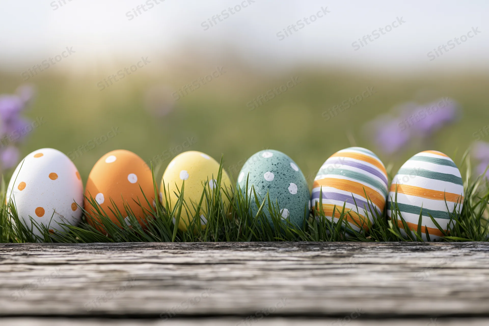 Six hand-painted easter eggs arranged in a row on grass beside a wooden plank