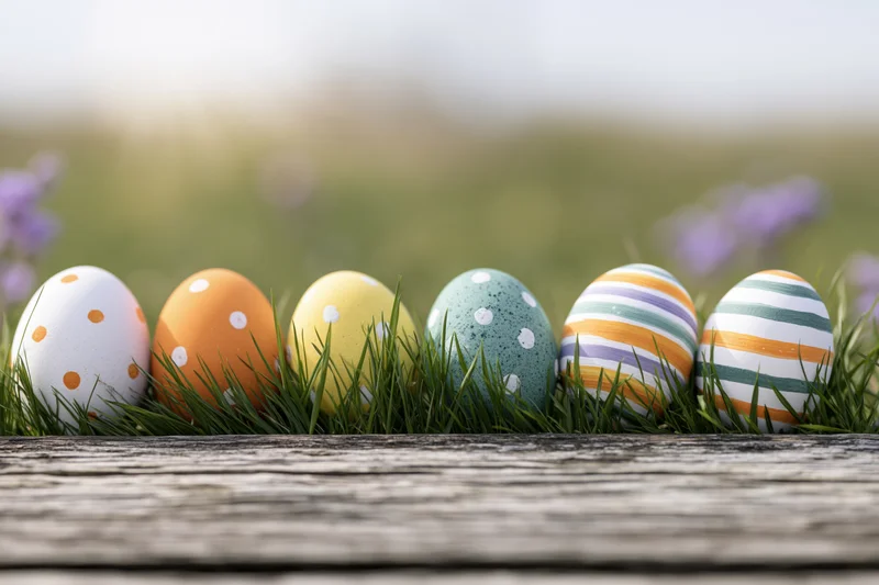 Six hand-painted easter eggs arranged in a row on grass beside a wooden plank