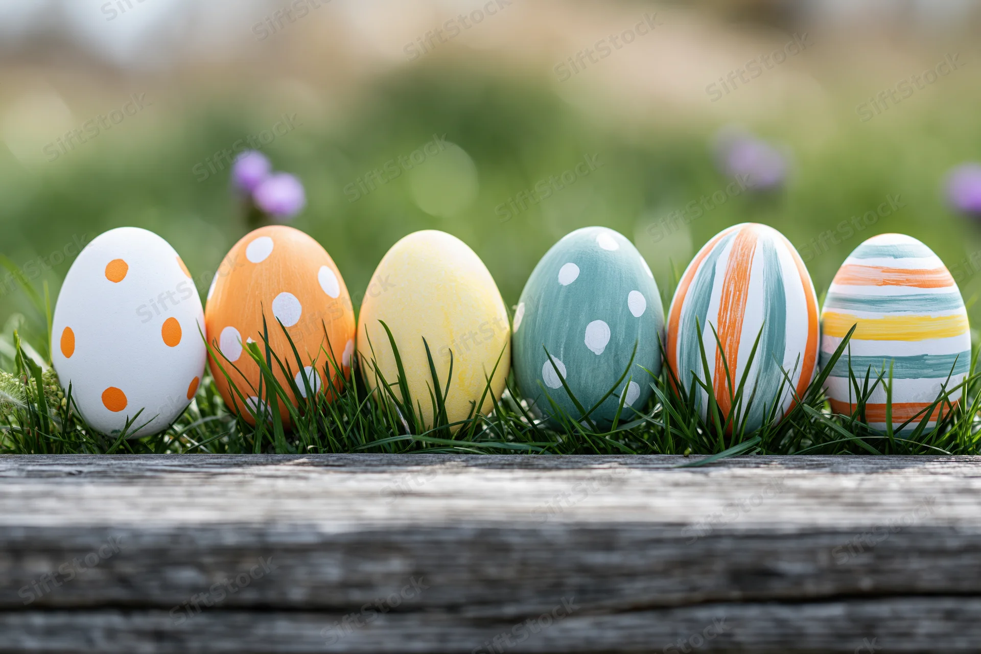 Six hand-painted easter eggs arranged in a row on grass beside a wooden plank