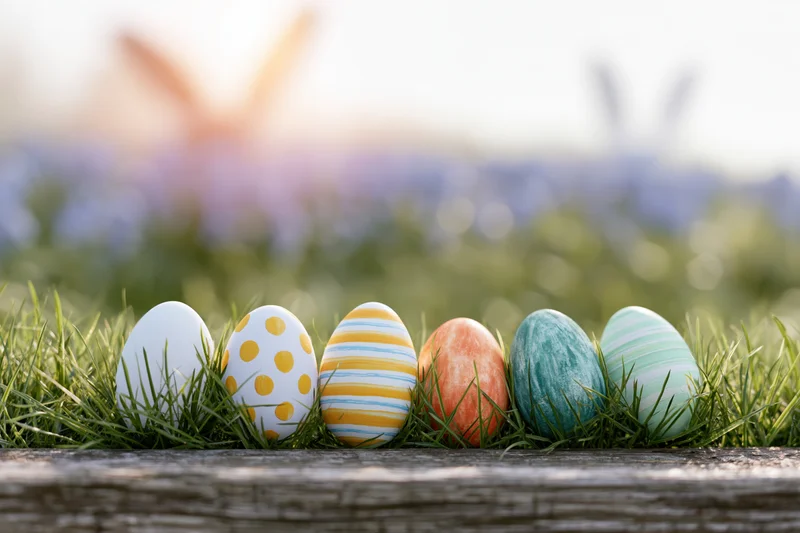 Six painted easter eggs arranged in a row nestled in green grass on a wooden plank outdoors