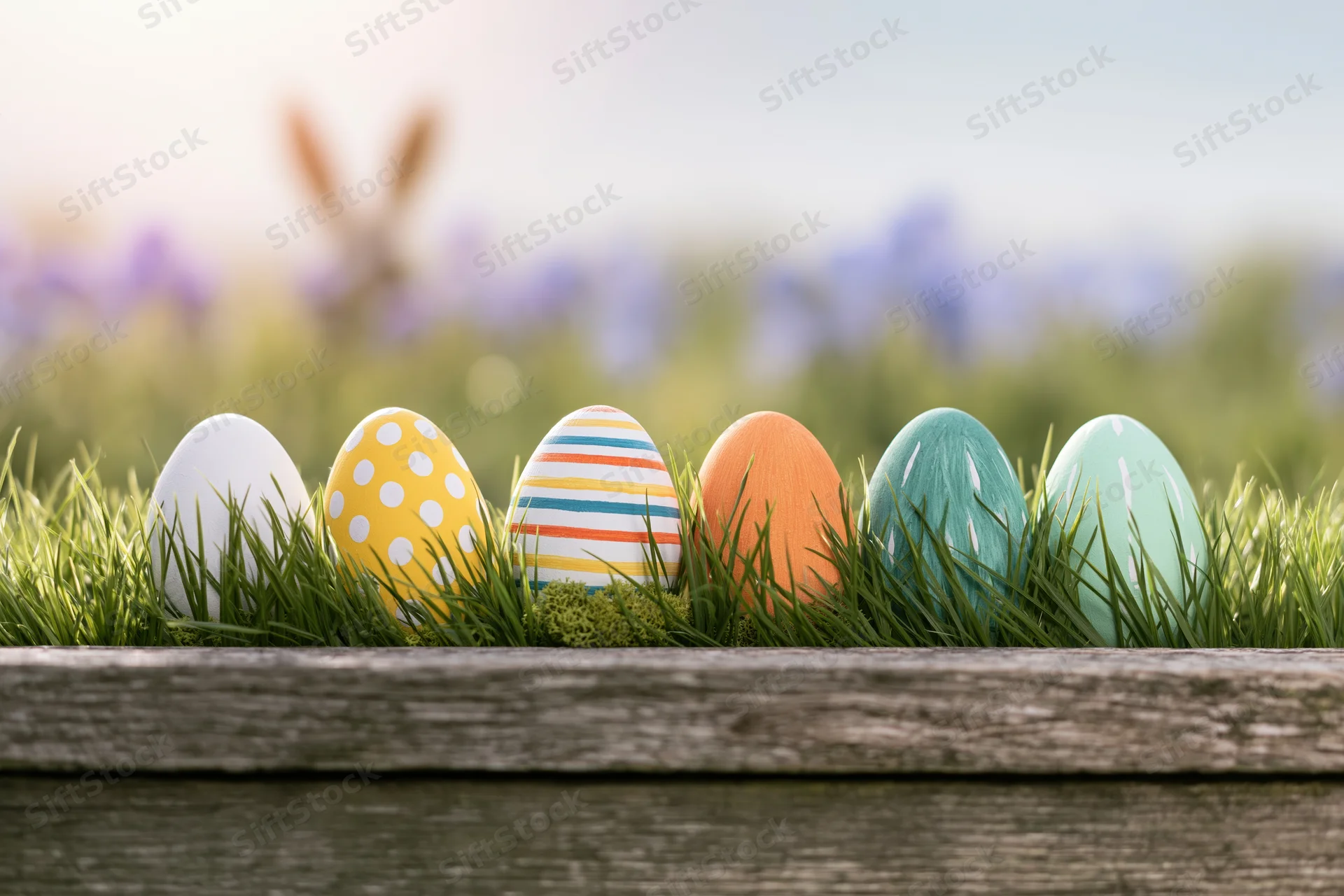 Six painted easter eggs arranged in a row nestled in green grass inside a wooden planter with blurred flowers in the background