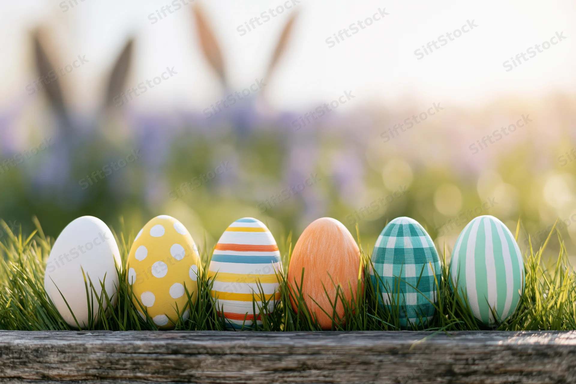 Six painted easter eggs arranged in a row nestled in green grass inside a wooden planter