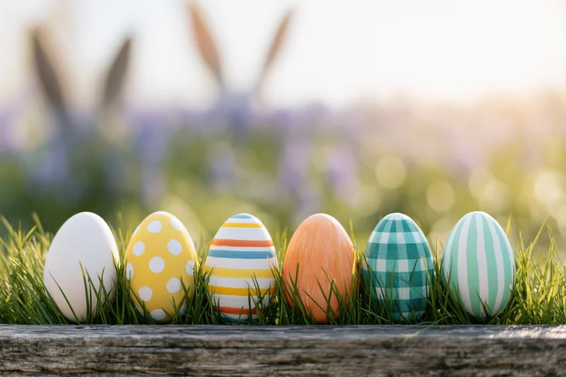 Six painted easter eggs arranged in a row nestled in green grass inside a wooden planter
