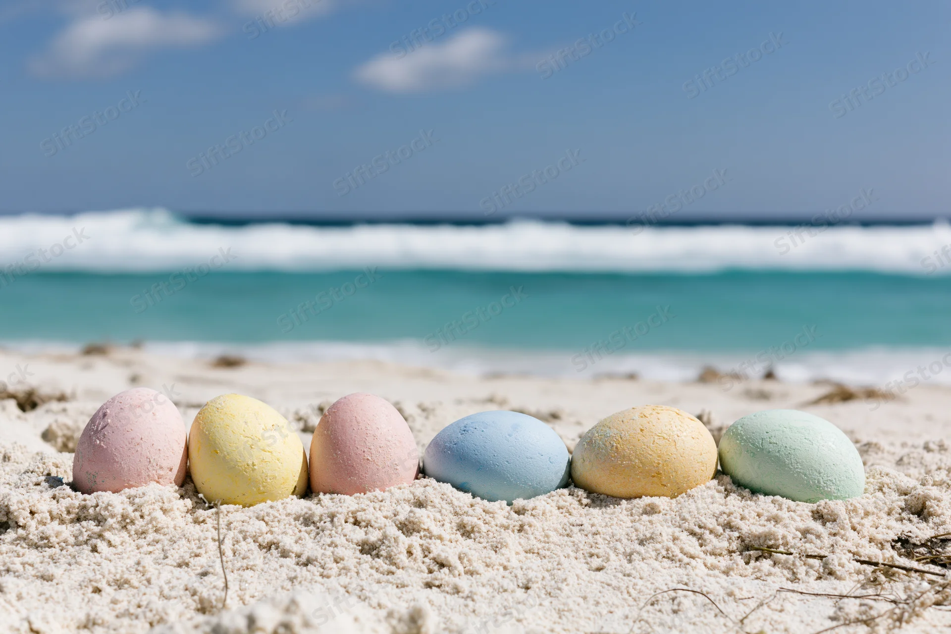 Six pastel-colored easter eggs arranged in a row on white sand at the beach with ocean waves in the background