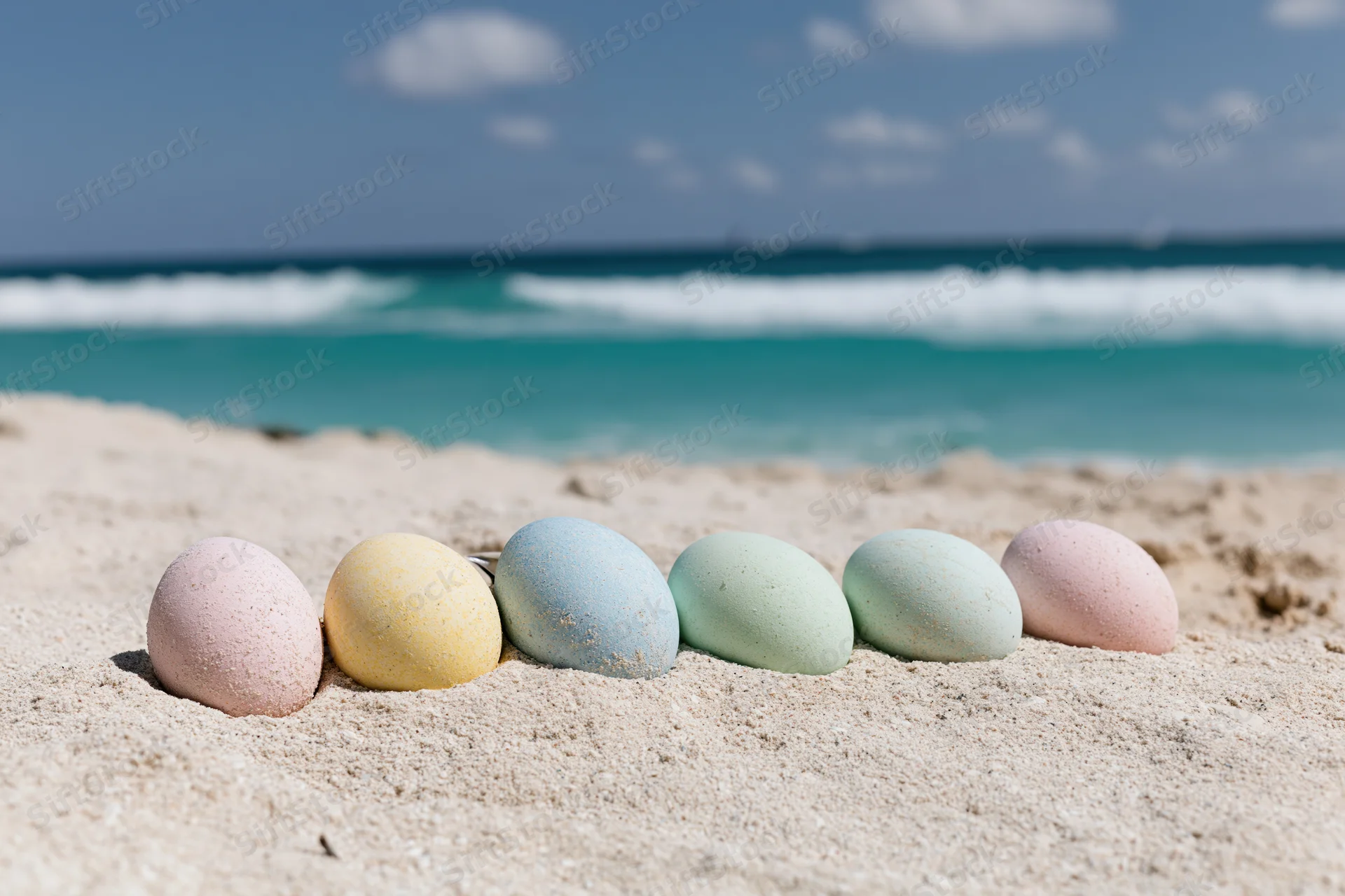 Six pastel-colored easter eggs arranged in a row on white sand at the beach with ocean waves in the background