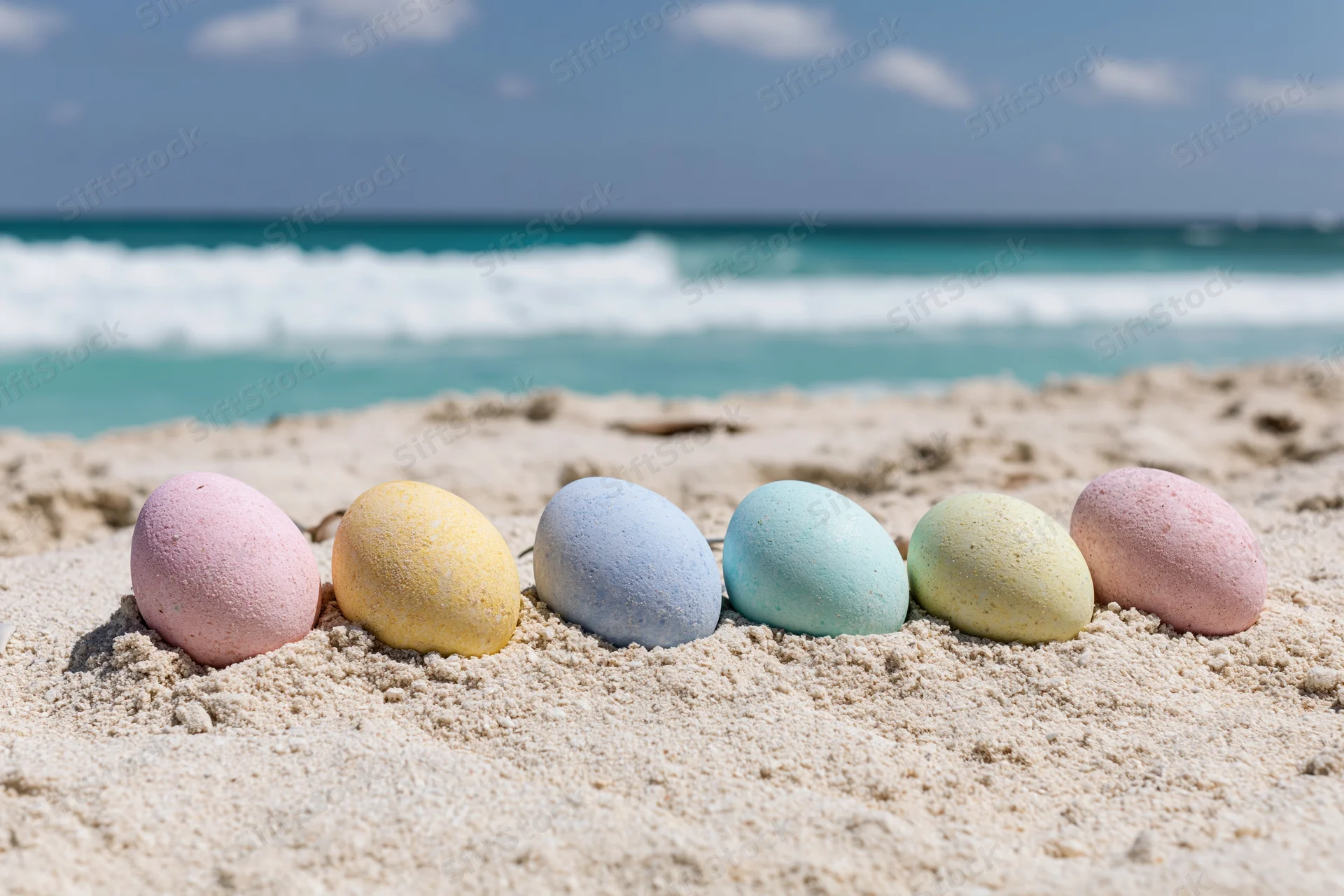 Six pastel-colored easter eggs arranged in a row on white sand at the beach with ocean waves in the background