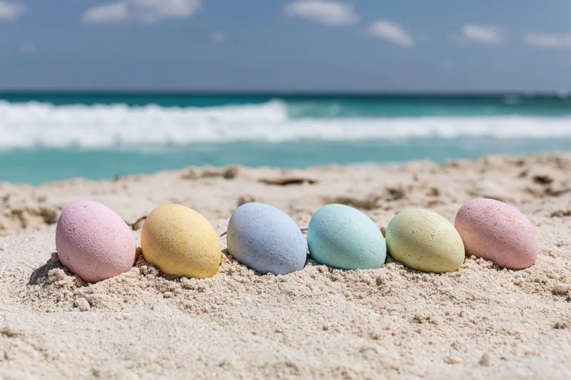 Pastel eggs lined along sunlit sandy beach with turquoise oc