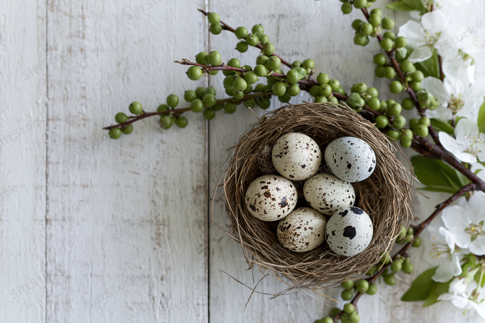 Small birds nest filled with speckled quail eggs surrounded by blossoming branches on a white wooden surface