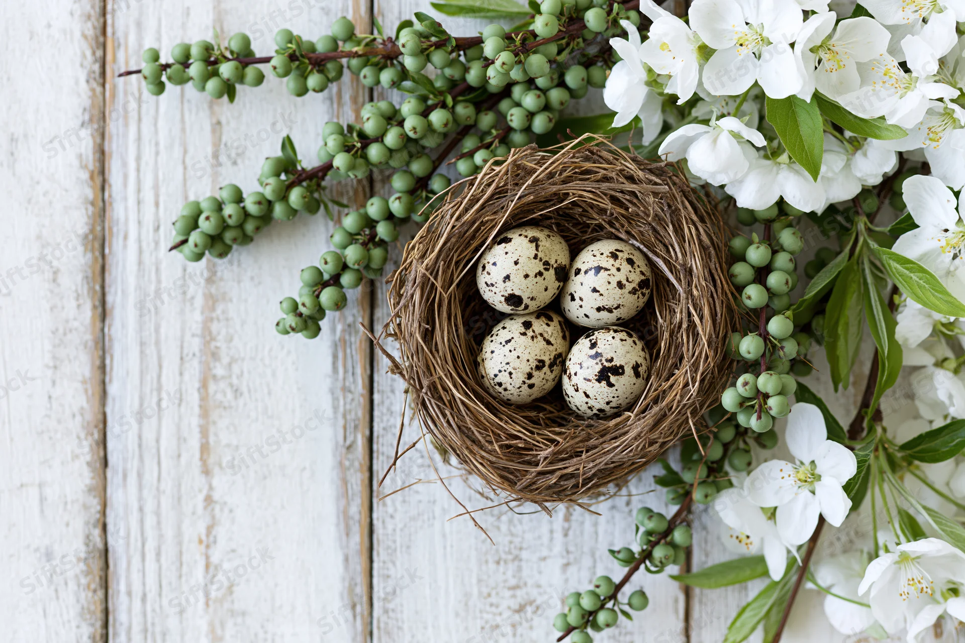 Small bird's nest with speckled quail eggs surrounded by white blossoms and green berries on a rustic wooden surface