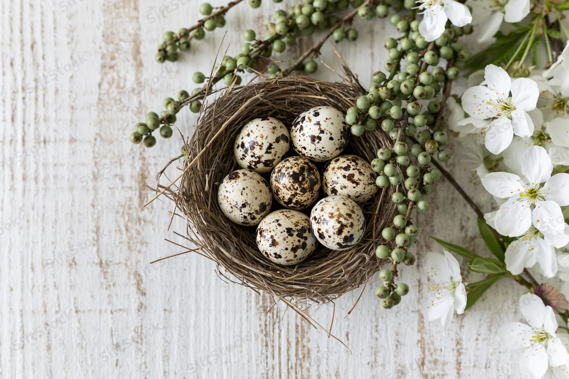 Quail eggs in a woven nest surrounded by blooming branches on a white wooden surface