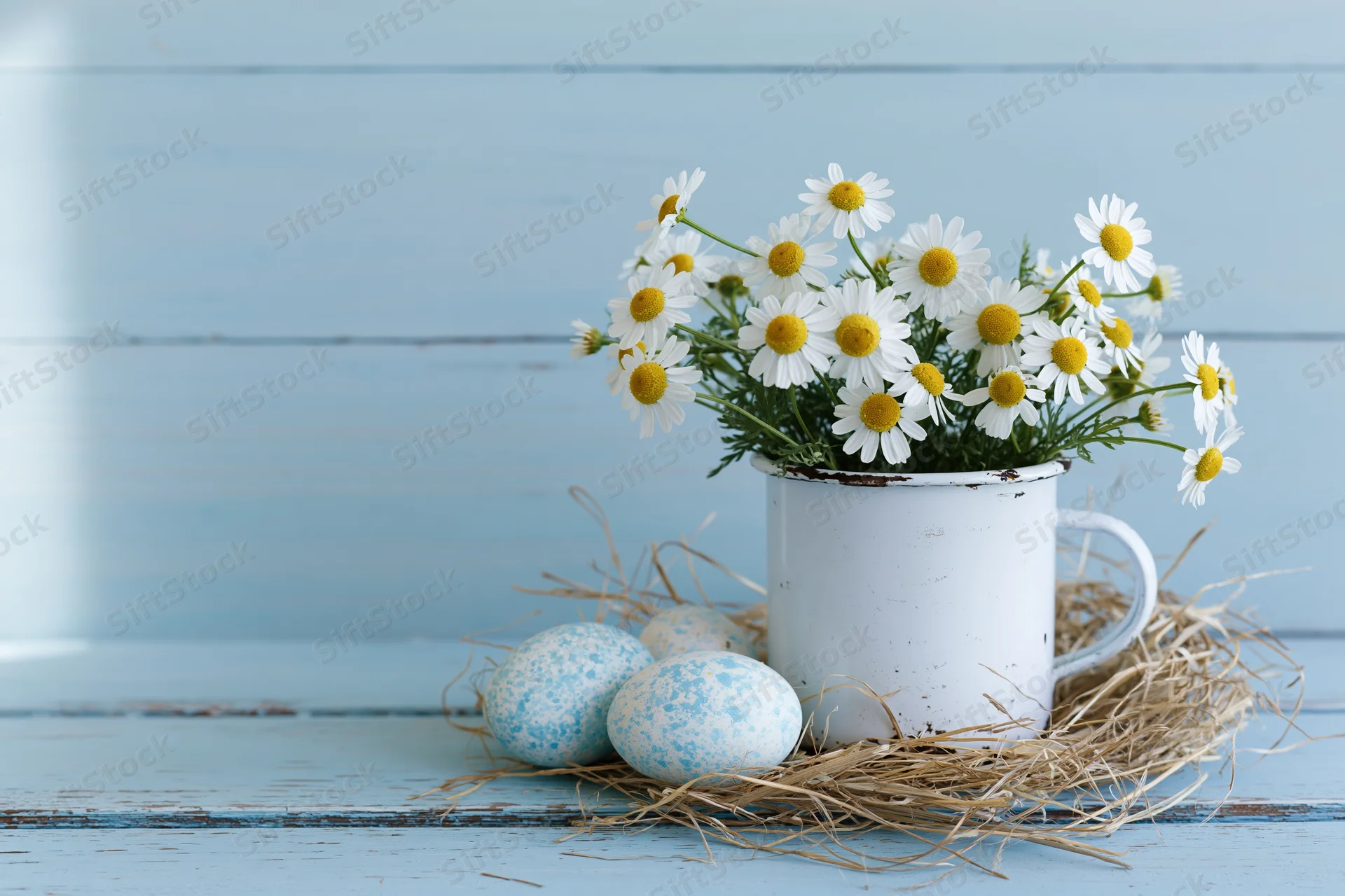 Small bouquet of wild chamomile daisies in a vintage enamel mug beside speckled blue eggs in straw nest on light blue wooden table