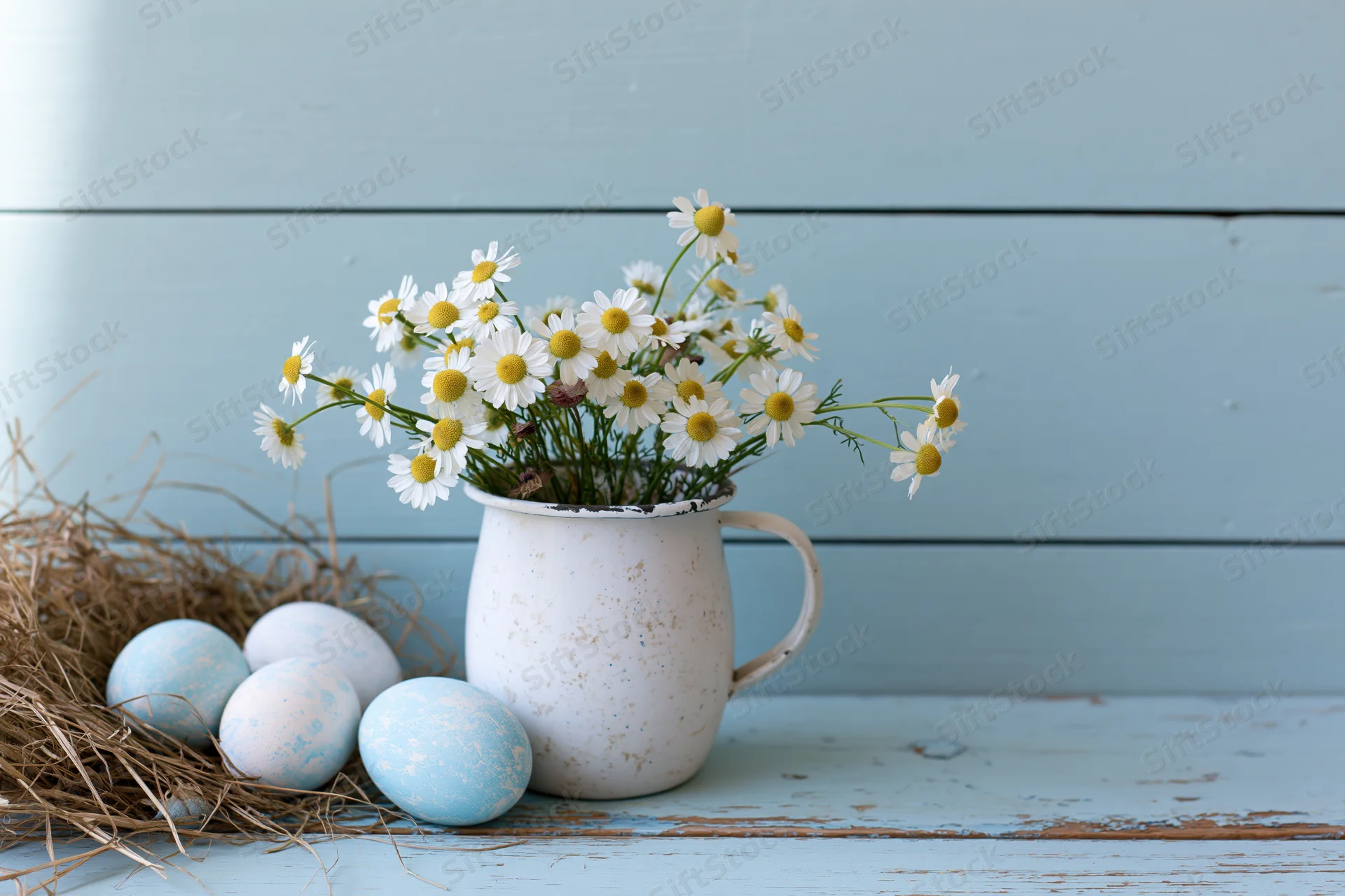 Small bouquet of wild chamomile daisies in a vintage enamel mug beside a straw nest with blue and white eggs on a weathered blue wooden surface