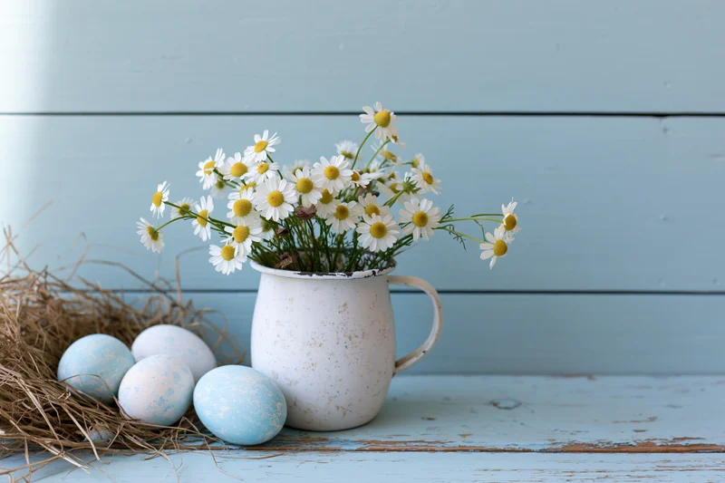 Small bouquet of wild chamomile daisies in a vintage enamel mug beside a straw nest with blue and white eggs on a weathered blue wooden surface