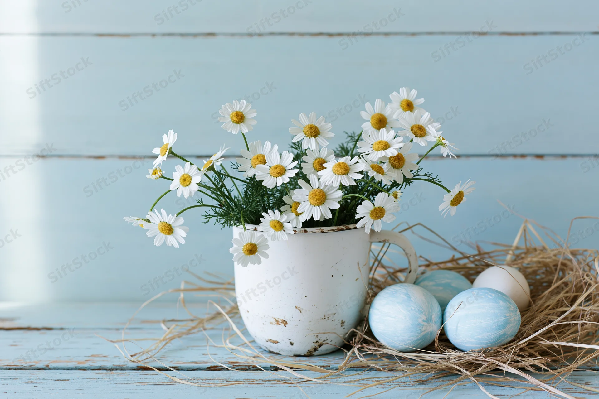 Small bouquet of wild chamomile daisies in a white ceramic mug beside a straw nest with blue and white eggs on a blue wooden surface
