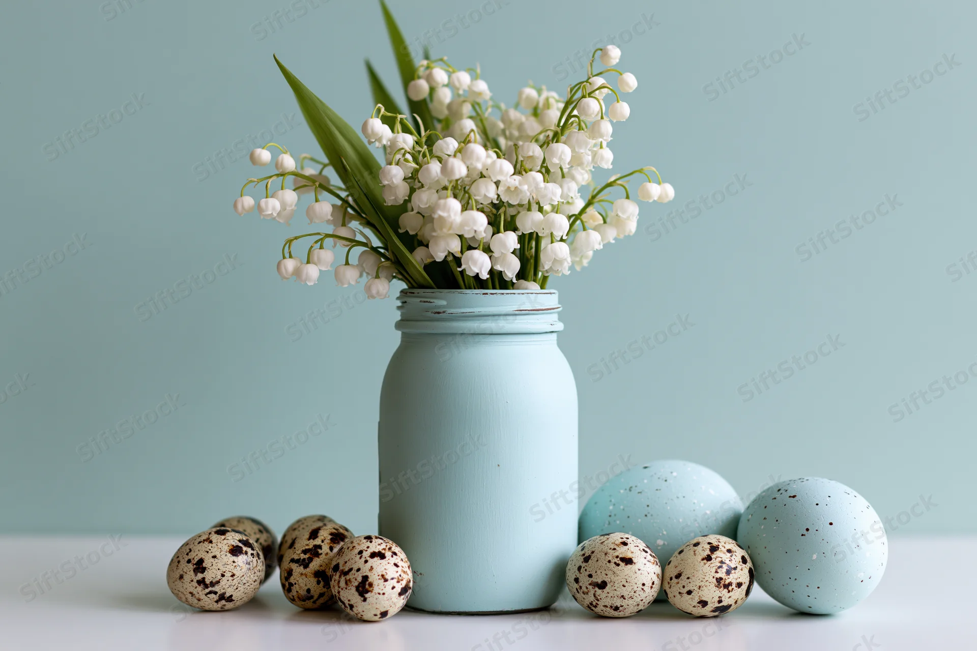 Lily-of-the-valley flowers in a painted mason jar with speckled quail eggs and blue eggs on a white surface