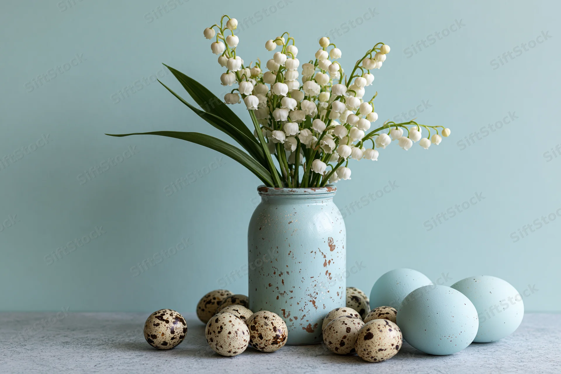 Lily-of-the-valley flowers in a worn blue ceramic vase with speckled quail and blue eggs on a light surface