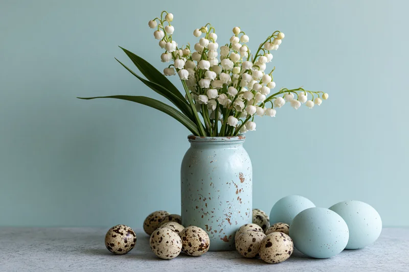 Lily-of-the-valley flowers in a worn blue ceramic vase with speckled quail and blue eggs on a light surface