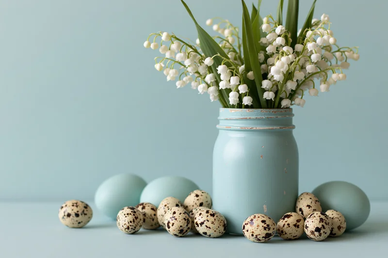 Lily-of-the-valley bouquet in a blue mason jar surrounded by speckled quail eggs and pastel eggs on a light blue surface